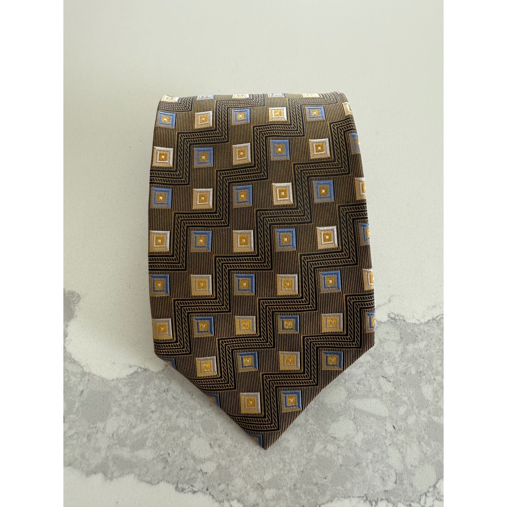 Valerio Garati Mens 4" Silk‎ Tie Brown Blue Gold Geometric Zig Zag Hand Made EUC